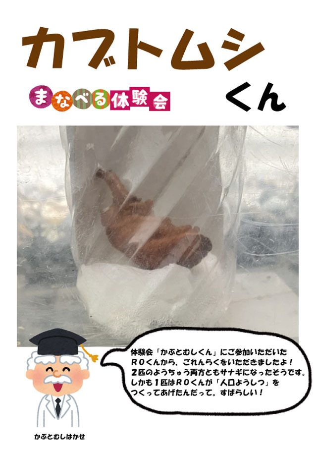 活動体験会「かぶとむしくん」にご参加いただいたROさん(小学2年生)から、うれしい報告がありました。 活動体験会「かぶとむしくん」にご参加いただいたROさん(小学2年生)から、うれしい報告がありました。