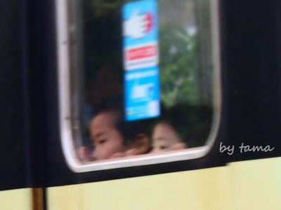 江ノ電七里ヶ浜 窓の外を眺める子供達