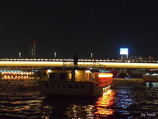 桜のシーズンの屋形船　夜の隅田川＆スカイツリー　スナップショット