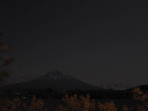 朝霧で　富士山と星空