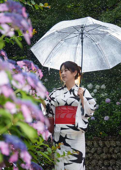 雨とアジサイ浴衣ポートレート