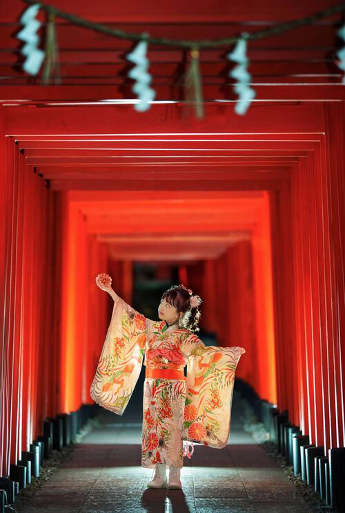 神社で着物ポートレート七五三