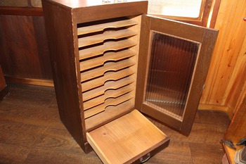 アンティーク・モールガラスの木製レコードケース　（古いレコード収納箱・カルテケース・書類箱・昭和レトロ・クウネル）