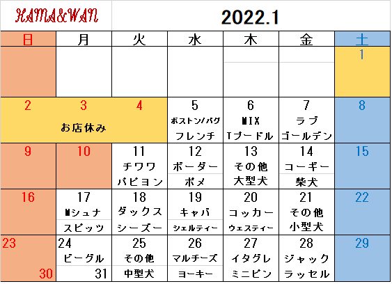 1月ドッグラン犬種別割引カレンダー