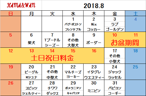8月ドッグラン犬種別割引カレンダー♪