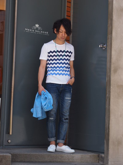 プリントボーダーTシャツ/メンズメルローズ(MENS MELROSE)