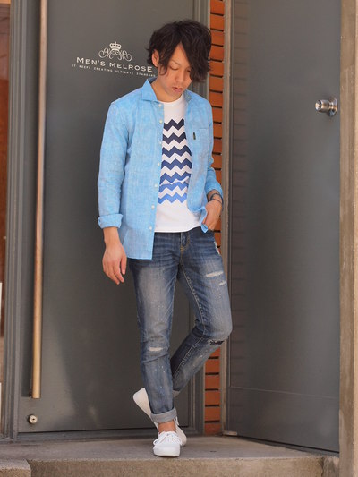 プリントボーダーTシャツ/メンズメルローズ(MENS MELROSE)