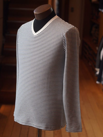 ジャガードボーダー長袖VネックTシャツ/メンズメルローズ（MENS MELROSE)
