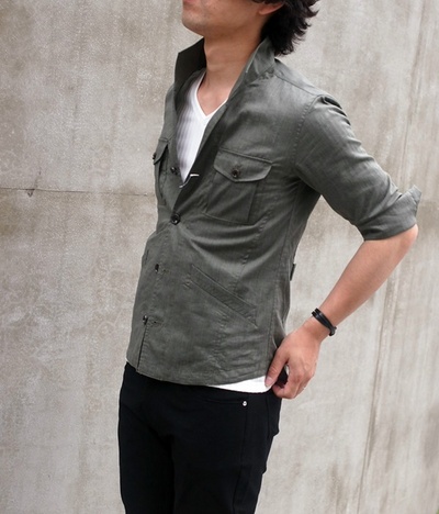 クールモーション麻混ストレッチミリタリーシャツブルゾン/MENS MELROSE