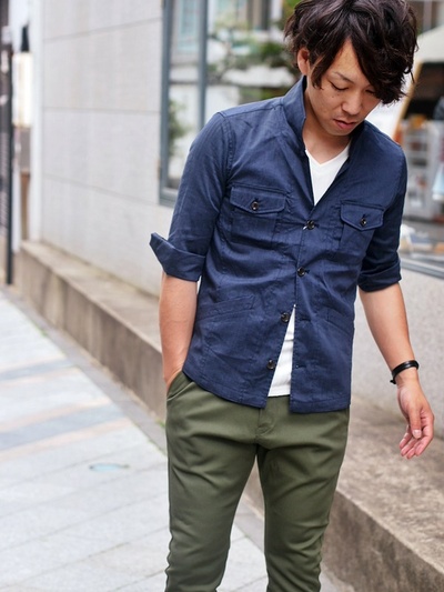 クールモーション麻混ストレッチミリタリーシャツブルゾン/MENS MELROSE