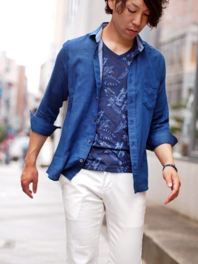 Ｗガーゼヘリンボン７分袖シャツ/MEN’S MELROSE(メンズメルローズ)