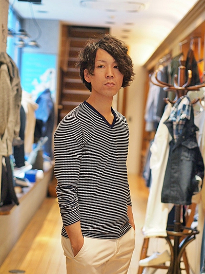 ジャガードボーダー長袖VネックTシャツ/メンズメルローズ（MENS MELROSE)