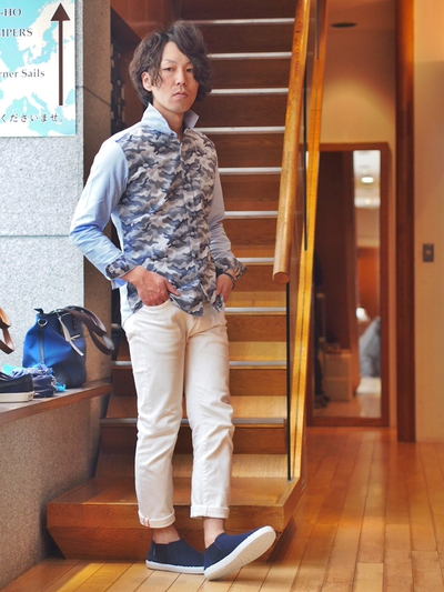 カモフラジャガードオックスシャツメンズメルローズ(MENS MELROSE)